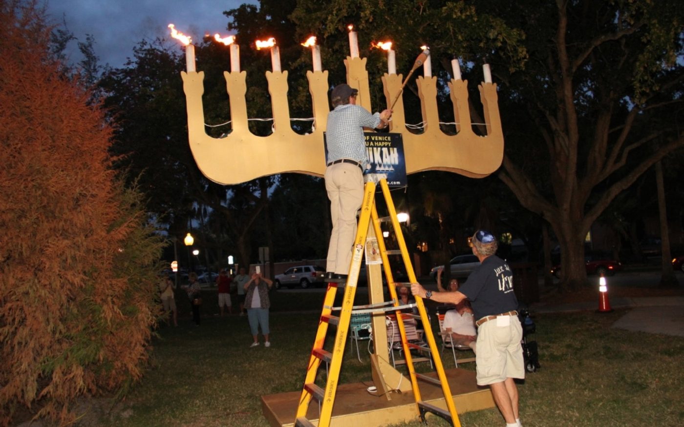 The large public menorah lit at a Chabad of Venice Chanukah in the Park celebration