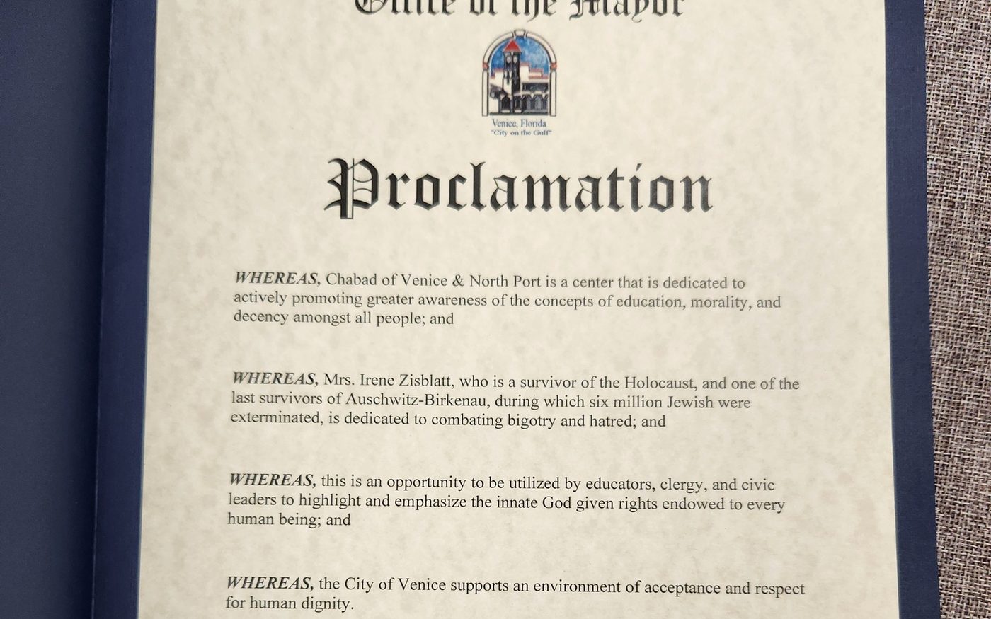 The City of Venice mayoral proclamation declaring Holocaust Education Week
