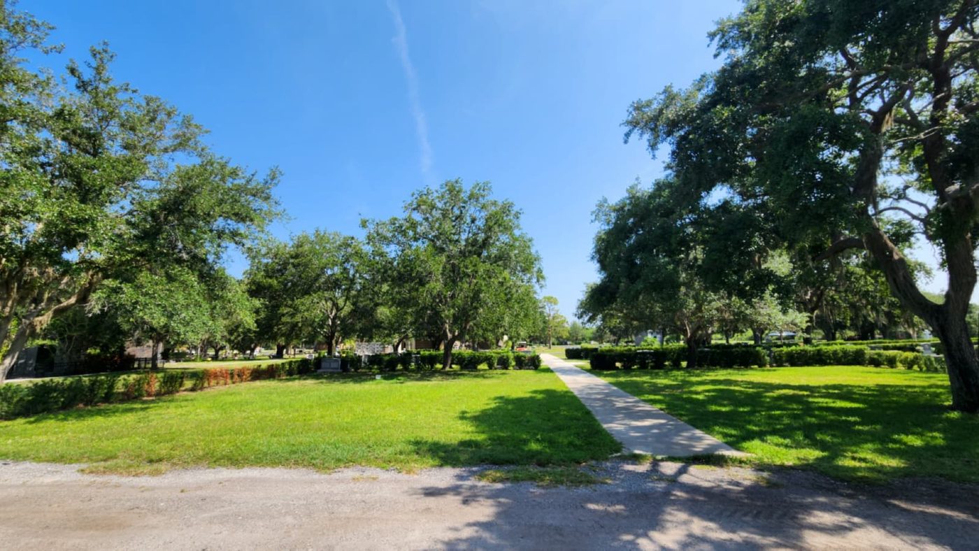 Open lawn beneath mature oak trees at Jerusalem Gardens