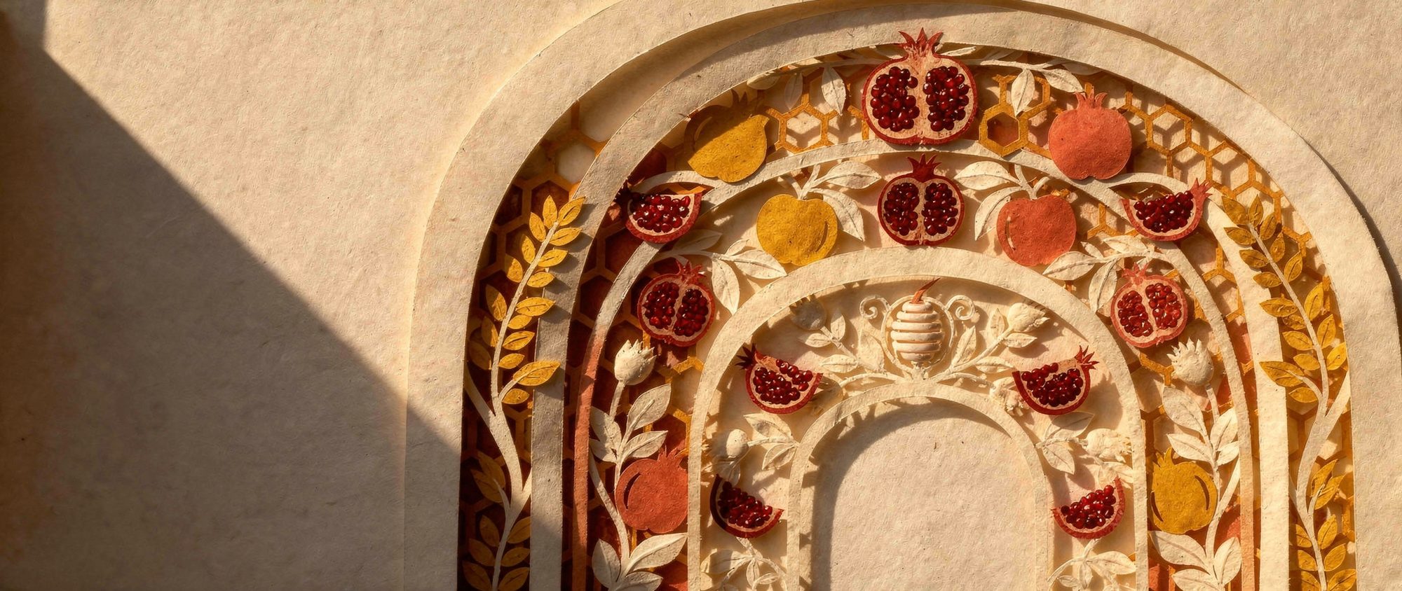 Papercut arches of pomegranates, apples and wheat