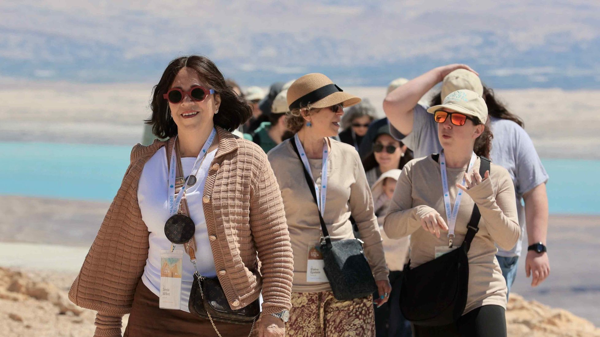 Land & Spirit participants walking above the Dead Sea